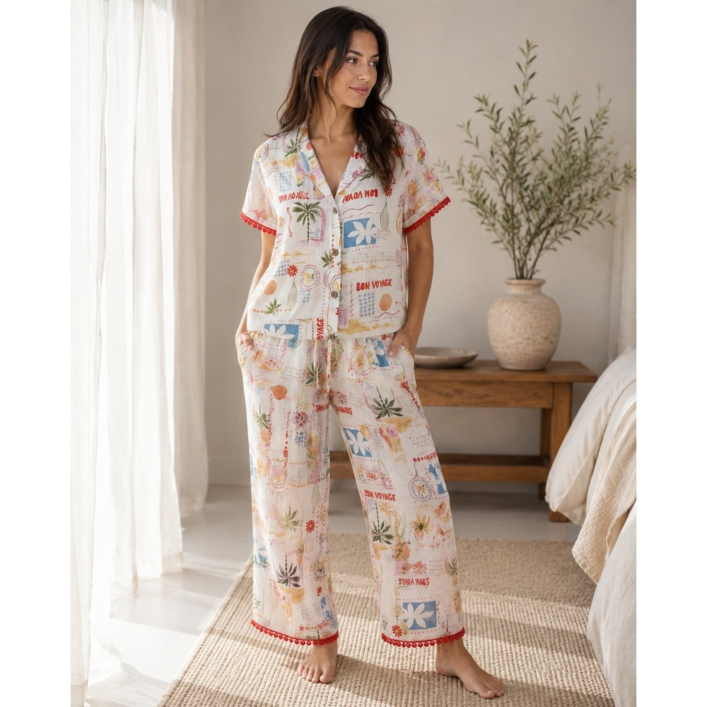 hdywt Pajama Set Womens S/M/L White Bon Voyage Tropical Pom Pom Resort Lounge
